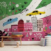 "City State of Mind" - Wall Mural in Pink by Jordan Sondler - In a Room