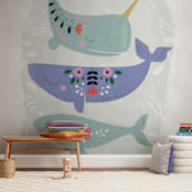 "Folk Whales" - Wall Mural in Grey by Hannah Williams - In a Room
