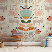 "Folk Animal and Floral" - Wall Mural in White by Angel Walker - In a Room