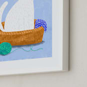 "White Cat in the Basket" - Art Print in White by Alf and Auguri - Frame Close-up