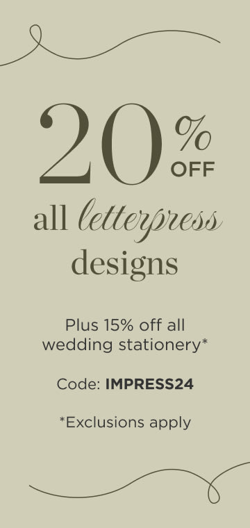 20% off letterpress, 15% off all other stationery