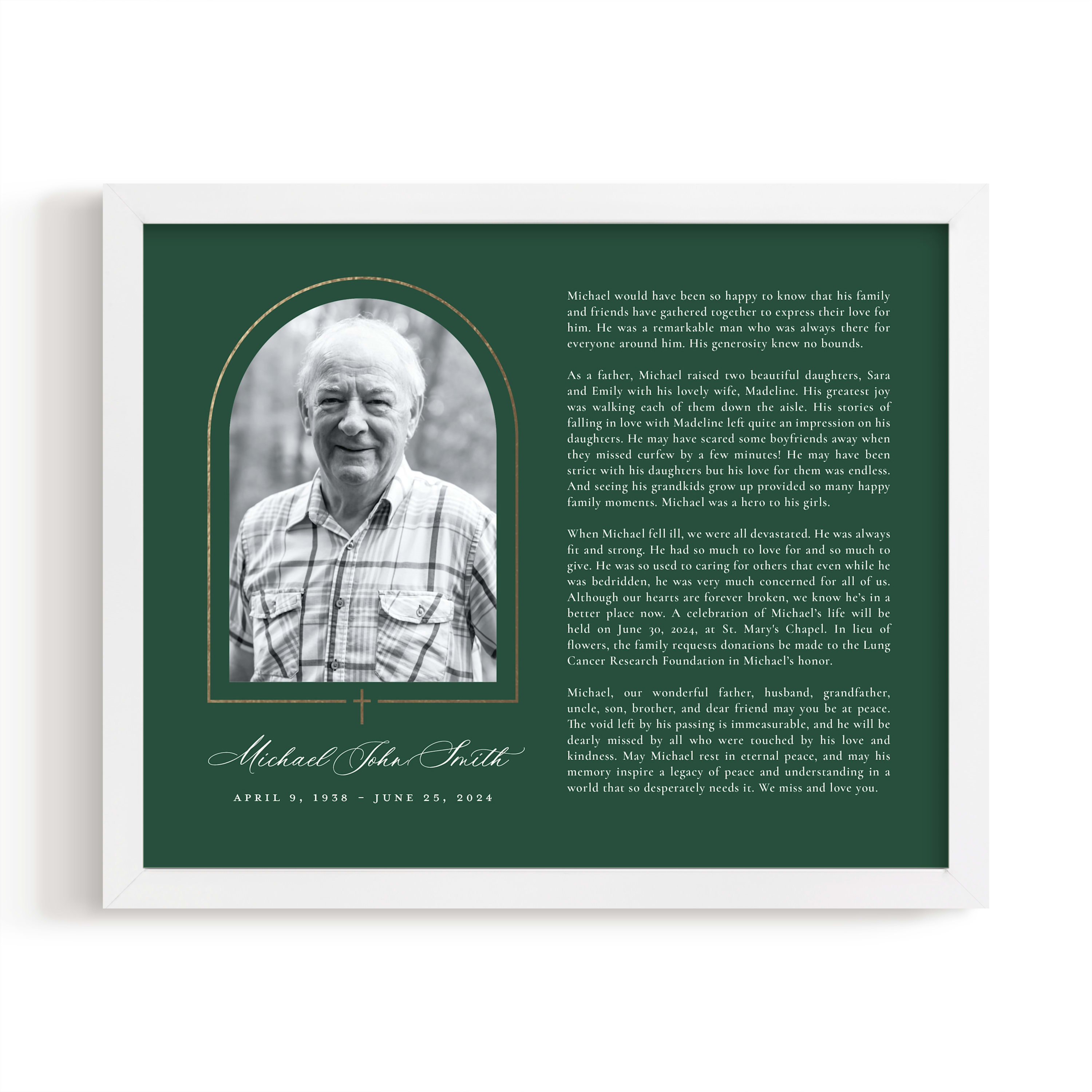 Custom Keepshake Crossed Arch Obituary Print by Sarah Brown