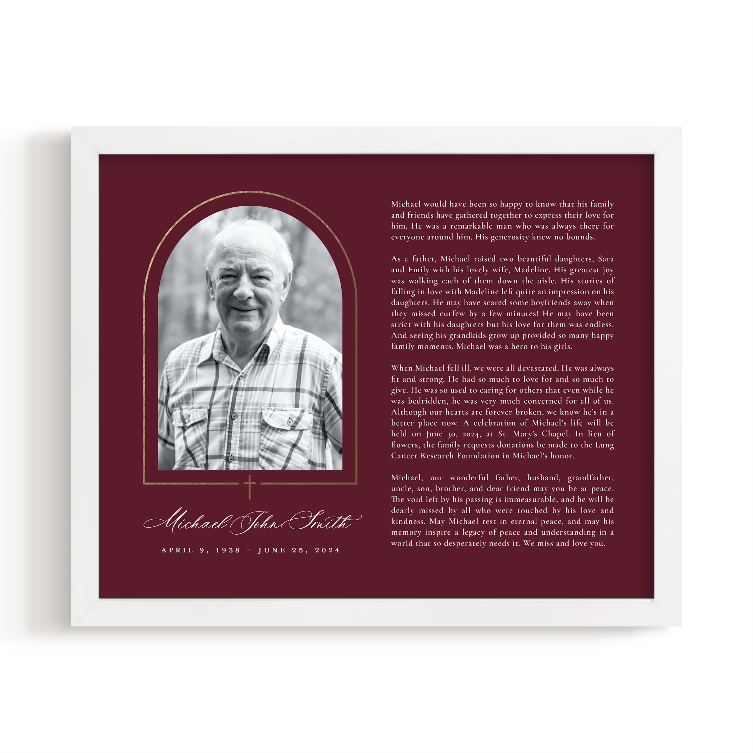 Crossed Arch Obituary Print
                        