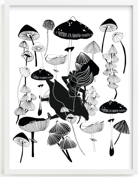 This is a black and white disney art by Deborah Velasquez called The Mushroom Fall | Alice in Wonderland.