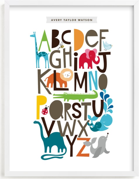 This is a blue nursery wall art by Alethea and Ruth called Animals Alphabet.