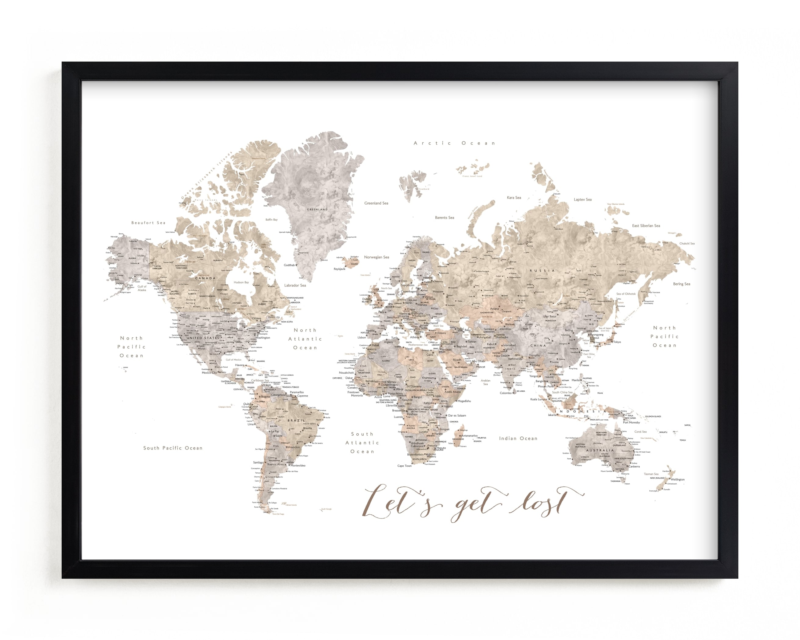 "Let's get lost watercolor world map" - Art Print by Rosana Laiz Blursbyai in beautiful frame options and a variety of sizes.