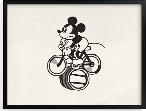 This is a black and white disney art by Sumak Studio called Mickey Mouse Riding A Bicycle .