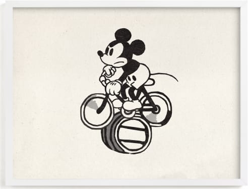 This is a black and white disney art by Sumak Studio called Mickey Mouse Riding A Bicycle .