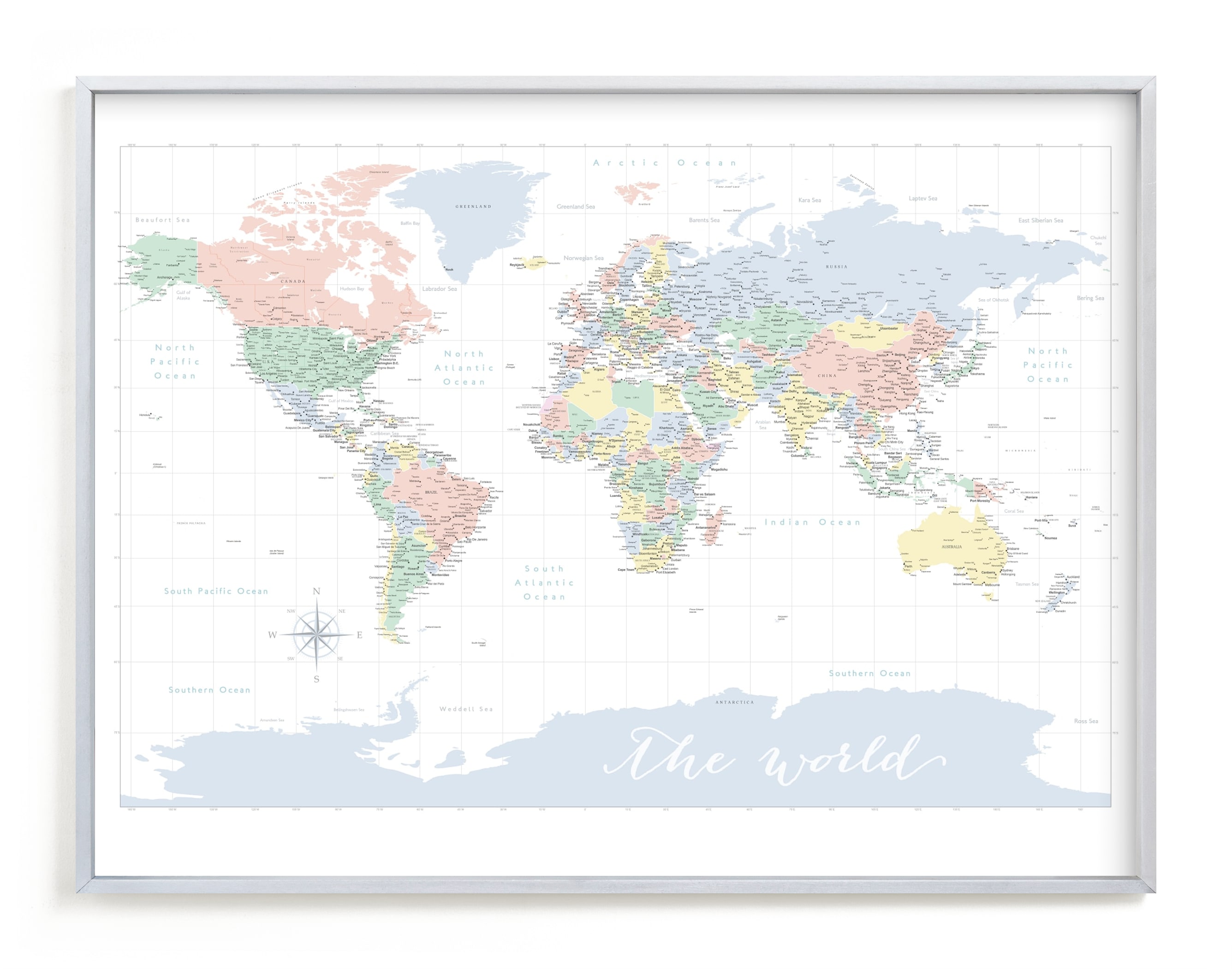 "Pastels nursery world map " - Art Print by Rosana Laiz Blursbyai in beautiful frame options and a variety of sizes.