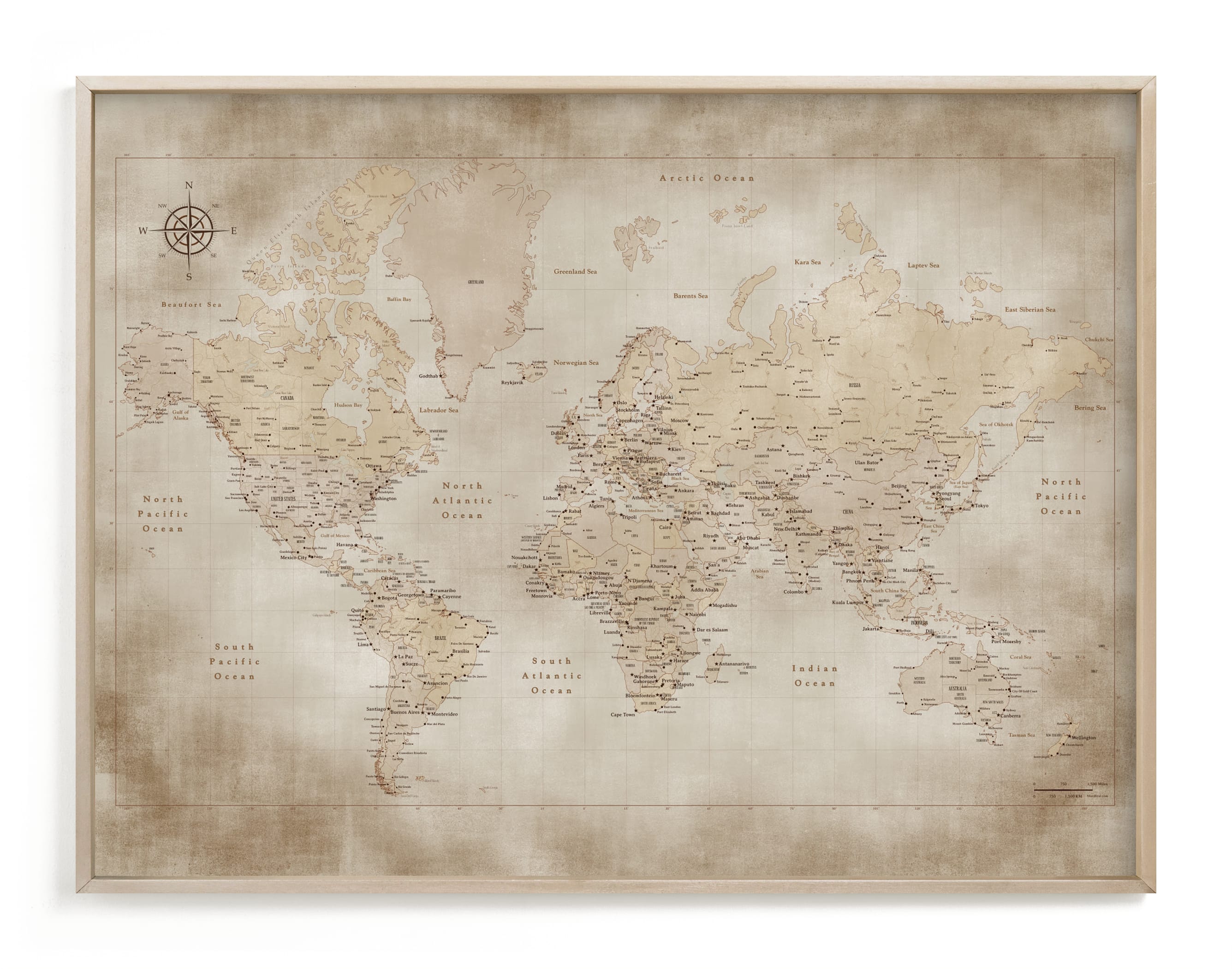 "Vintage sepia world map" - Art Print by Rosana Laiz Blursbyai in beautiful frame options and a variety of sizes.