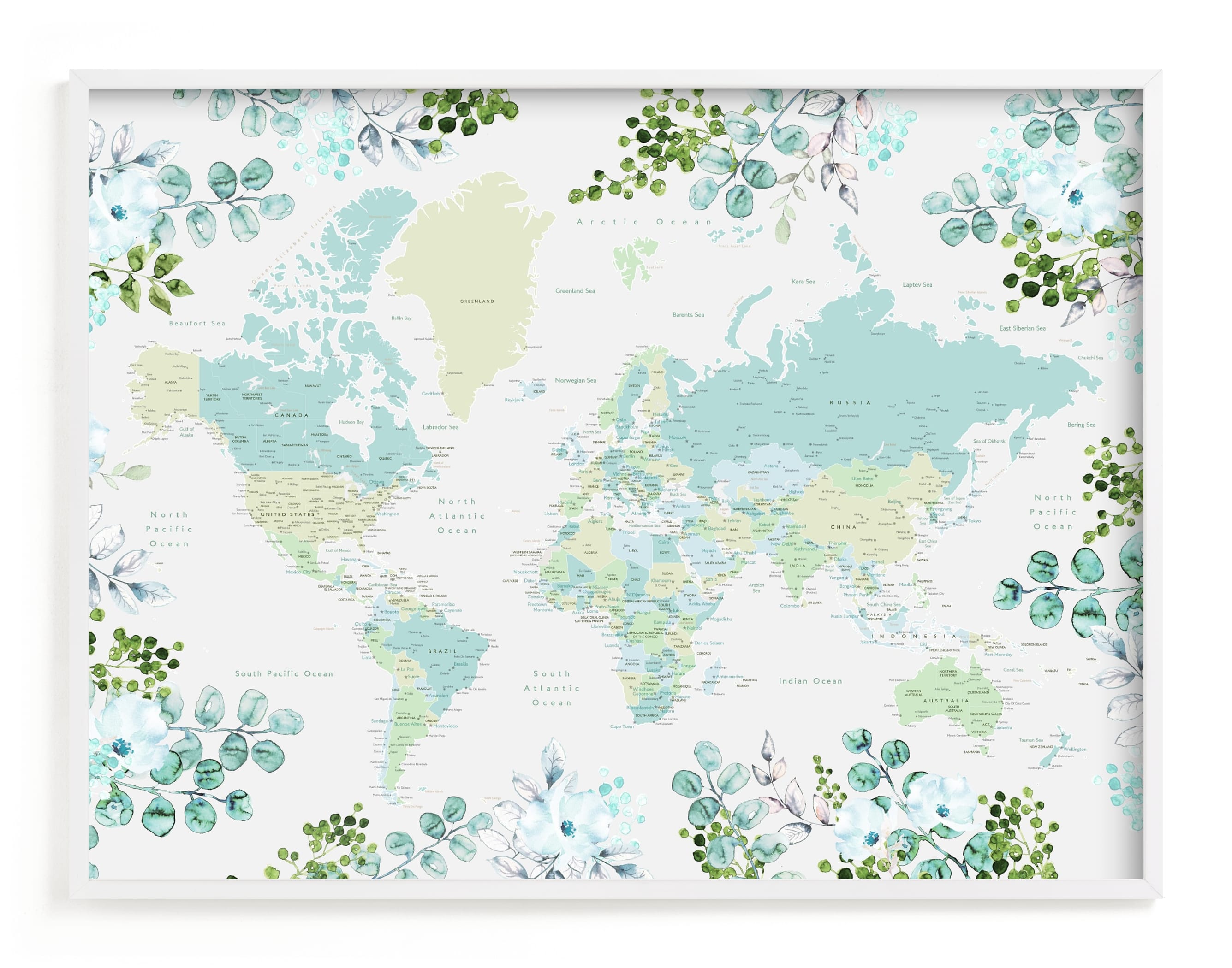 "Greenery world map" - Art Print by Rosana Laiz Blursbyai in beautiful frame options and a variety of sizes.