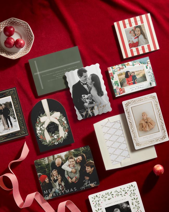 Clockwise from top:  Cabana by Morgan Kendall, Mountain Village by Julie Murray, Big Bow by Lea Bisch, Special Occasion by Chris Griffith, Holly Framed by Everett Paper Goods, Subtle Grace by Cass Loh, Big Bow by Lea Bisch, Elegant Holiday by Carolyn Nicks