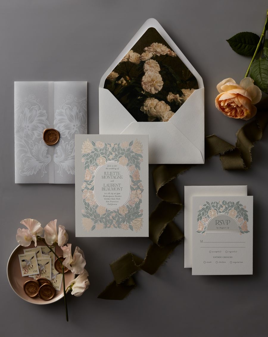 Holiday Wreath in Gold wax seal by Mealine Kosuge, Still-life Floral envelope liners by Studio Lavender, Tropical Garden invitation and Tropical Garden RSVP card by Simona Camp