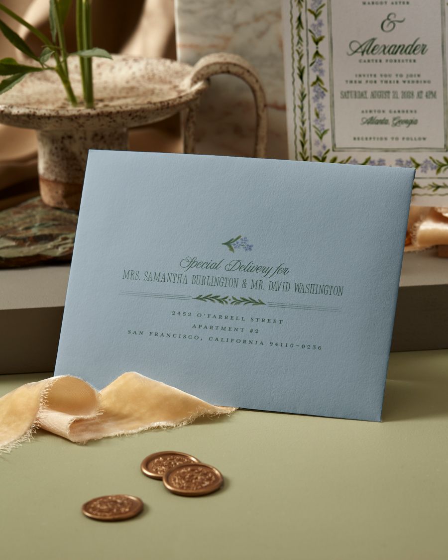 Vintage Sketched invitation by Jenna Holcomb and Floral Crest wax seal by Inkspringletters