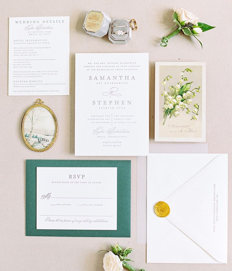 classic composition details card, classic composition wedding invitation, and classic composition RSVP card by Olivia Raufman Photo by Deevents