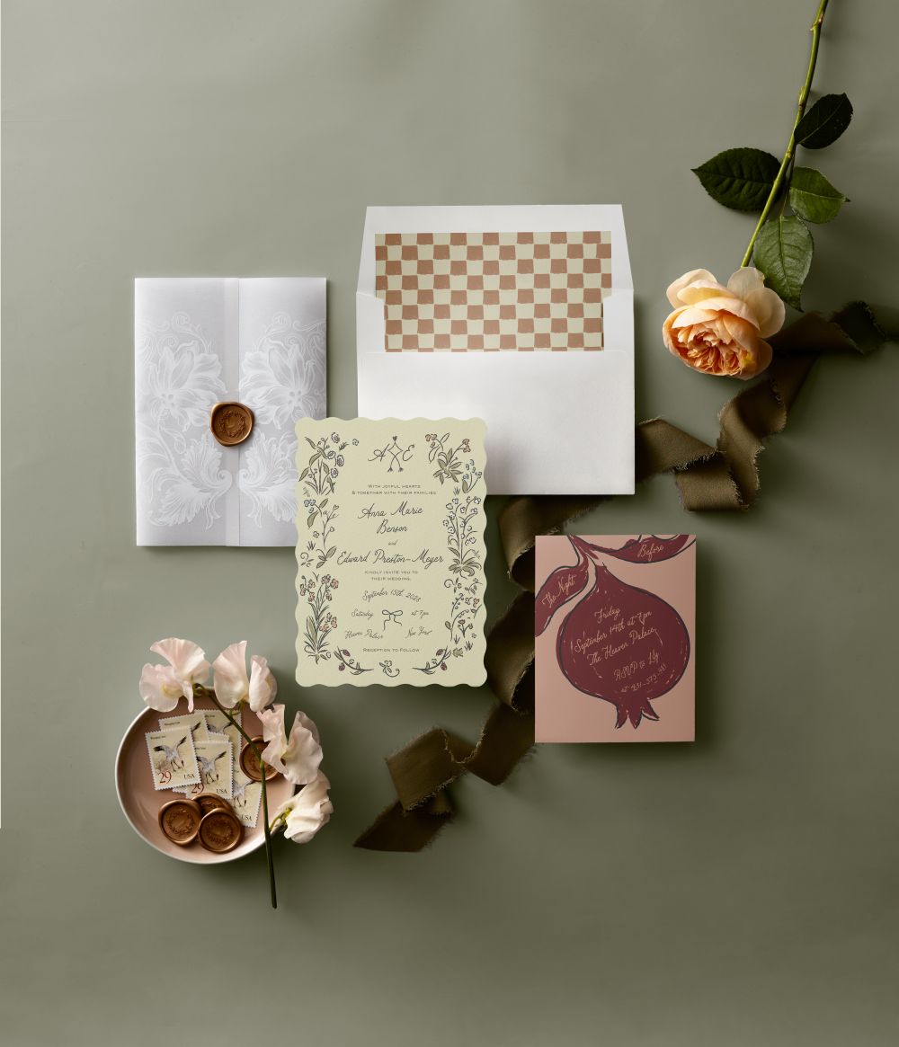 Love Rests in a Garden wedding invitation by Helena Vitto, Holiday Wreath in Gold wax seal by Melanie Kosuge, Checker Wash envelope liner by Baumbirdy
