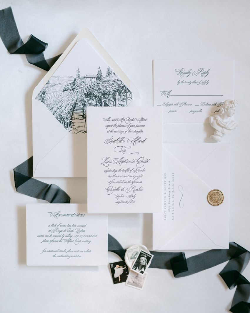 Palazzo wedding invitation, RSVP card, and direction card by Benita Crandall and Vineyard Landscape envelope liner by Ivory Invitations