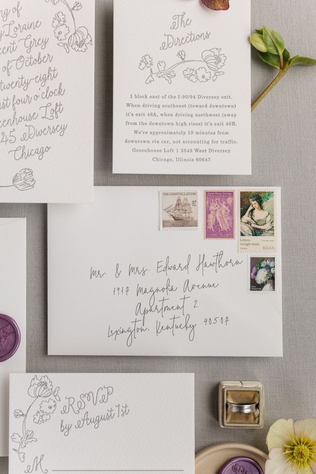 Note invitation, direction card, and RSVP card by Baumbirdy. Photo by The Ganeys