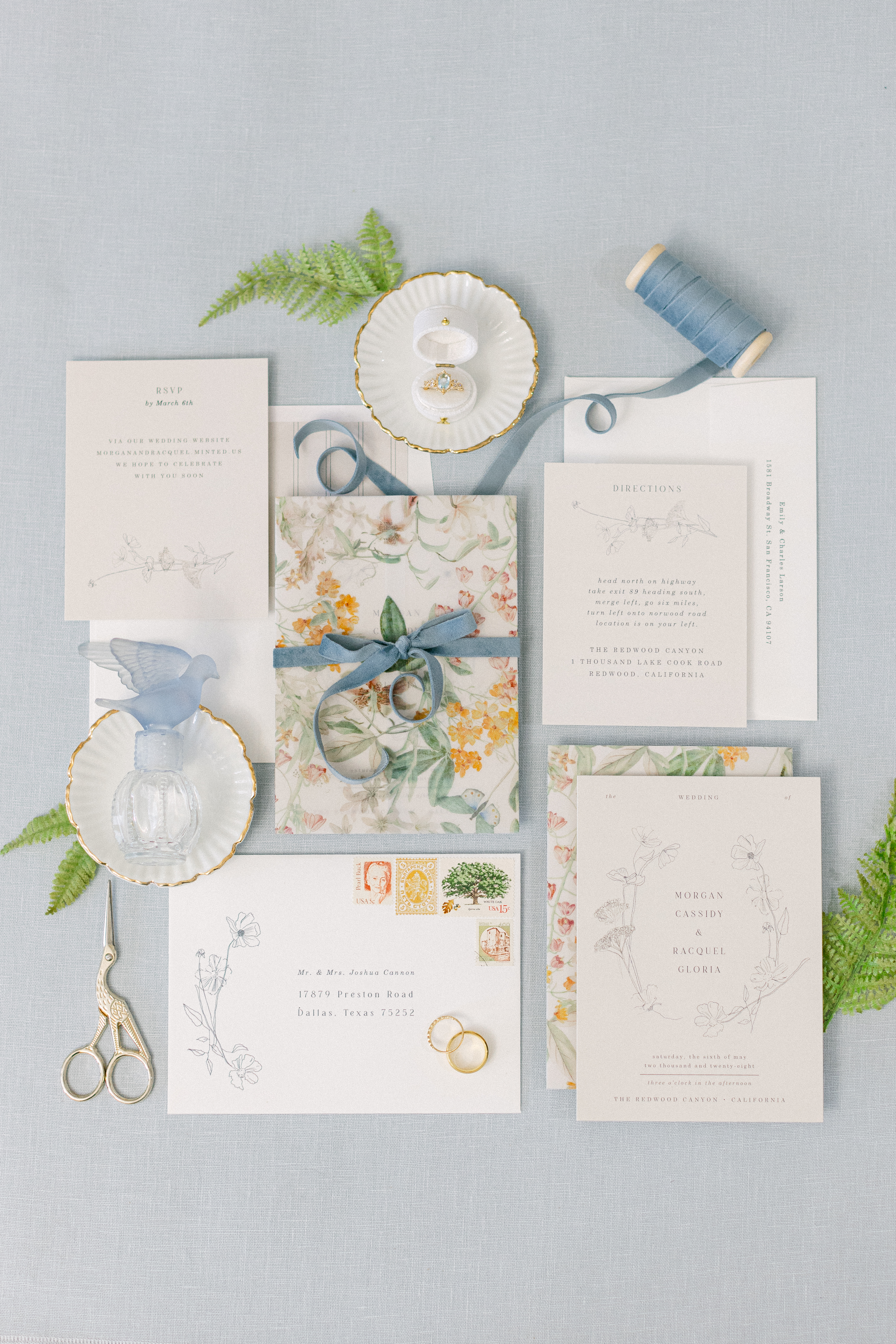 Floral Stamp RSVP card, direction card, and invitation by Baumbirdy. Photo by Chelsea Black Photography